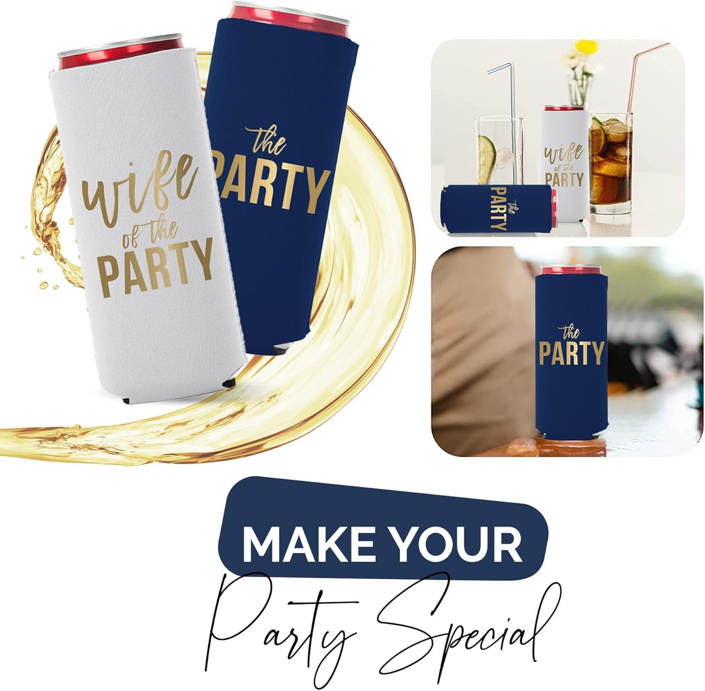 Wife of the Party and The Party Bachelorette Can Coolers - Set of 12, Perfect for Decorations and Bridesmaid Gifts (Navy, Slim)