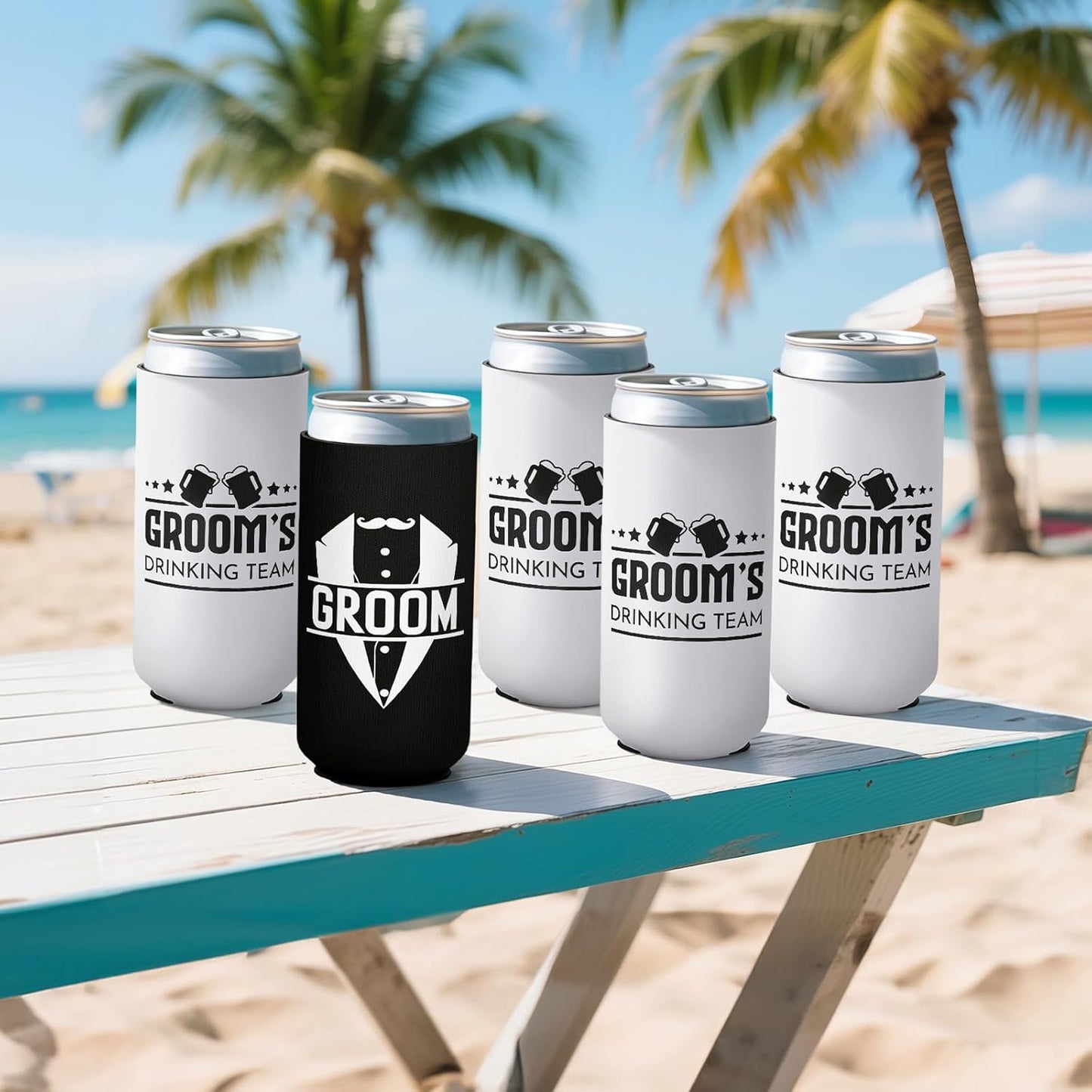 12 Pack Bachelor Party Can Coolers with Groom Squad Design, Insulated Neoprene Beer Sleeves for Men, Black & White Reusable Drink Holders Groomsmen Gifts