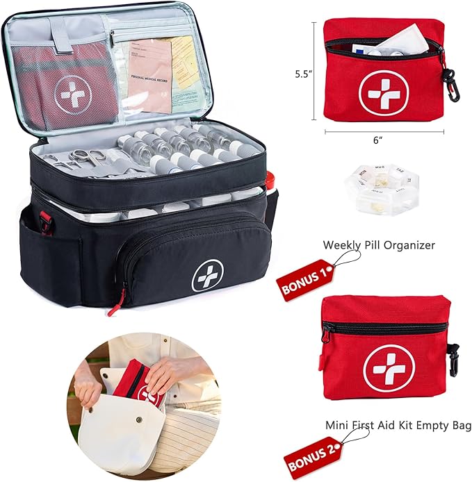 BAGSFY Travel Medicine Bag Organizer with Mini Medication Bag, Double Layers First Aid Kit Empty, Lockable Pill Bottle Organizer for Home, Large Medication Storage, Travel Emergency Carrying Case.