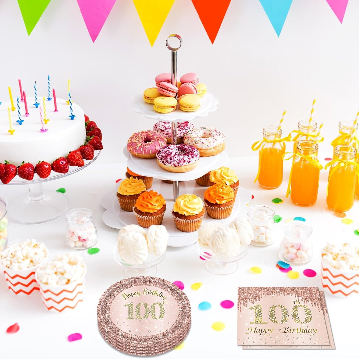 100th Birthday Decorations, Rose Gold Birthday Party Supplies Include 20Pcs Plates 20Pcs Napkins Sweet One Hundred Year Old Birth Party Tableware for Girl Ladies Women