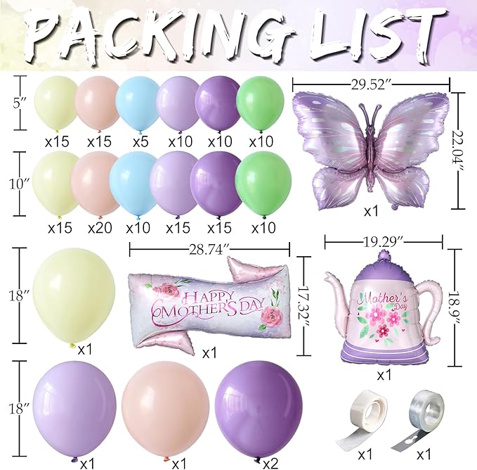 Mothers Day Decoration,160Pcs Pastel Purple Yellow Balloon Garland Arch Kit,with Butterfly,Teapot,Happy Mother's Day Foil Balloons,for Mother's Day Mom Birthday Garden Tea Party Decorations