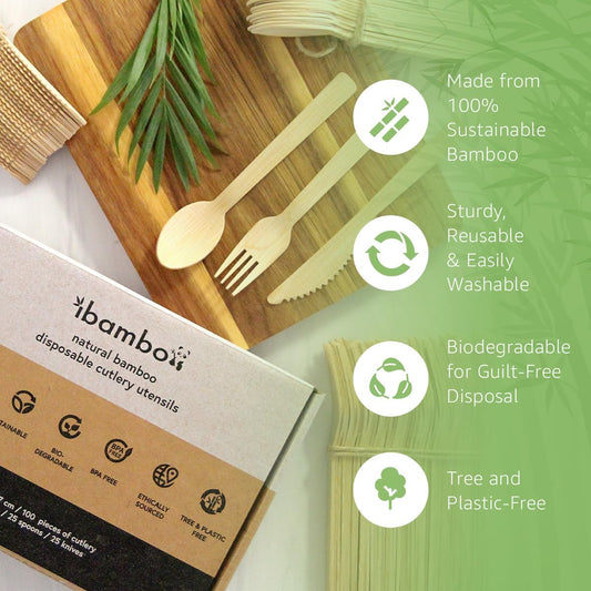Ibambo 100% Bamboo Utensils Set - 100x Compostable Cutlery Set (50 Compostable Forks, 25 Disposable Spoons, 25 Biodegradable Knives) | Bamboo Silverware | FSC Certified for Weddings, Camping, Party