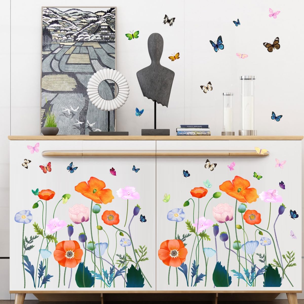 6 Pieces Flowers Wall Decals Vinyl Flowers Wall Stickers Removable Floral Murals Peel and Stick Colorful Flower Decor for Girls Bedroom Living Room Nursery (Orange)