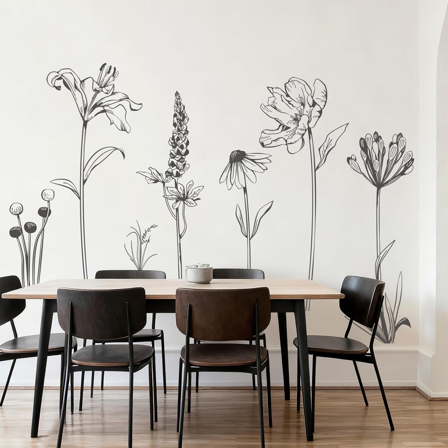 Large Boho Black Flower Wall Decals Simple Sketch Wildflower Floral Wall Stickers for Girls Bedroom Living Room Bathroom Office Adult Home Decor