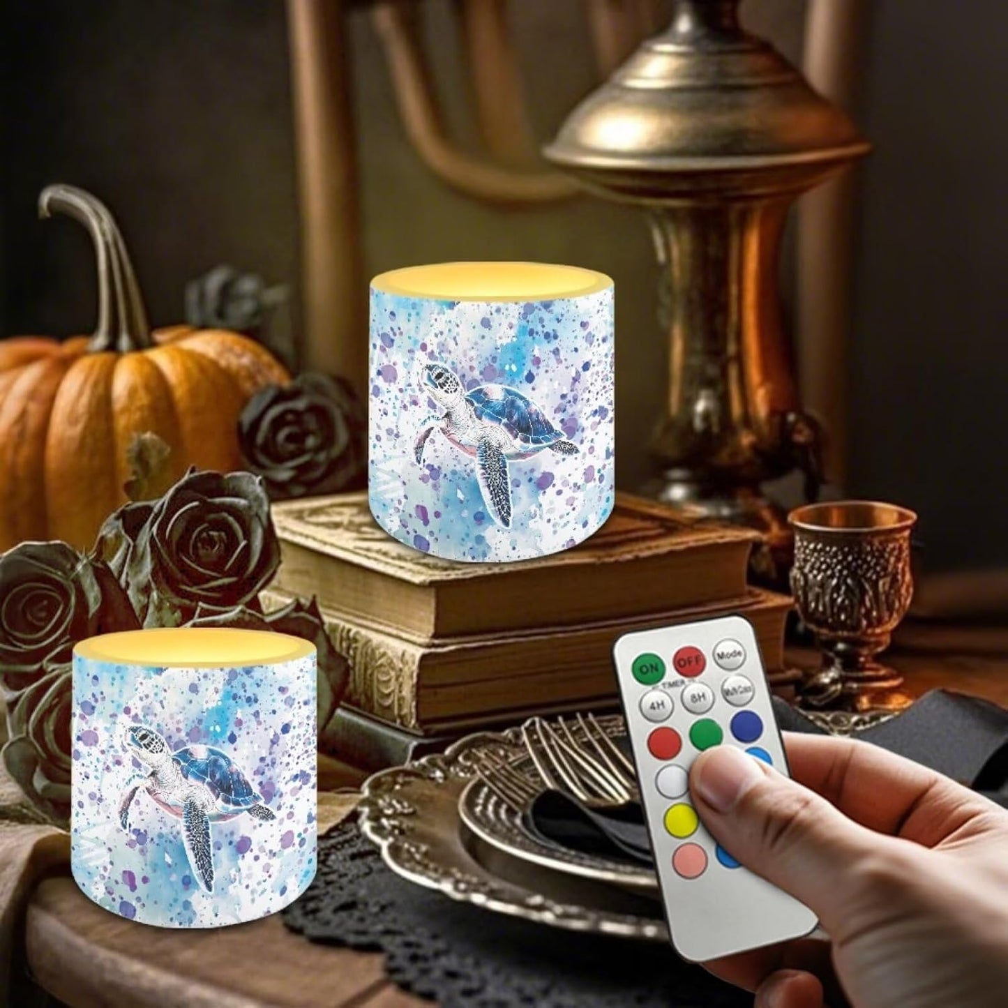 Poceacles Battery Operated LED Candles Set of 4 Remote and Timer Flameless Votive Candles, Multi-Color Flickering Tea Light for Home Parties Holidays Decor, Watercolor Sea Turtle Violet Blue