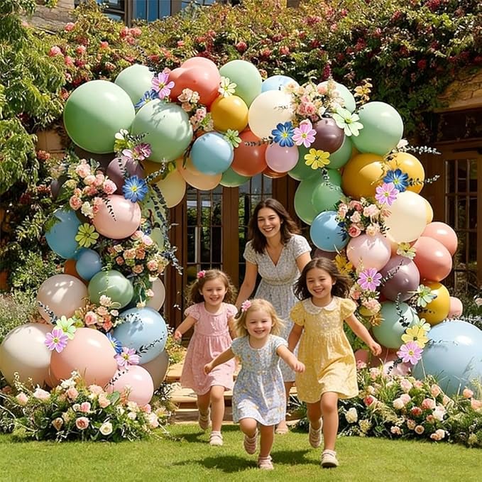 Blue Green Pink Balloon Arch with Cosmos Kelsang Flowers Double Stuffed Pastel Green Purple Yellow Beige Balloons for Wildflower Baby Shower Easter Spring Tea Gender Reveal Bridal Party Decor