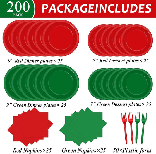 gisgfim 50 Guests Christmas Party Supplies Red and Green Plates and Napkins Plastic Forks Holiday Tableware Xmas Paper Plates for Christmas Party 200PCS