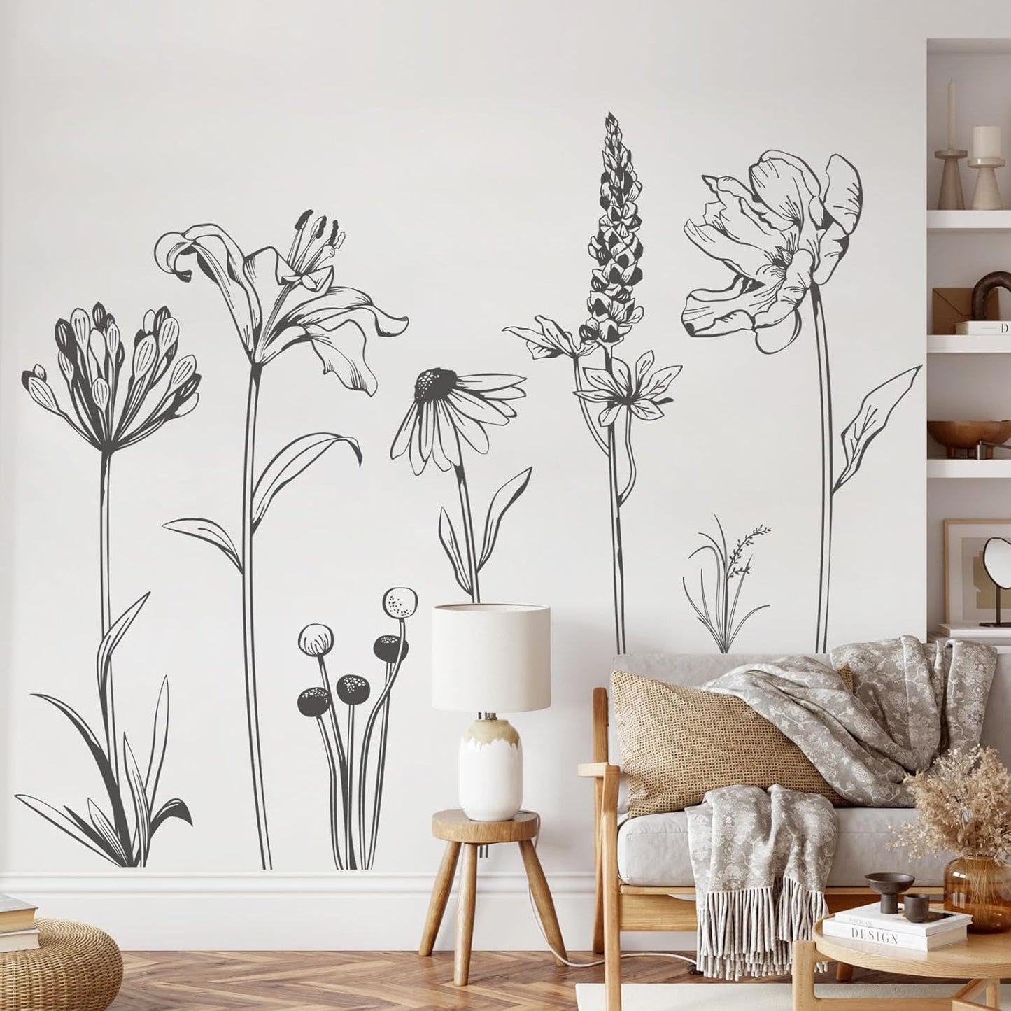 Large Boho Black Flower Wall Decals Simple Sketch Wildflower Floral Wall Stickers for Girls Bedroom Living Room Bathroom Office Adult Home Decor