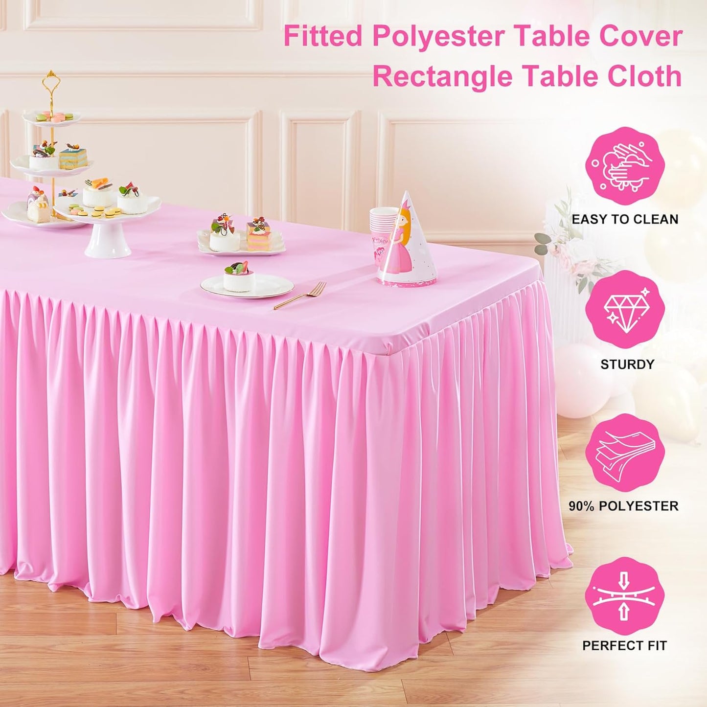 Pink Polyester Table Clothes for 4 Foot Rectangle Tables, Wrinkle Free Fitted Table Cover with Pleated Ruffle Table Skirt for Birthday Party Wedding Trade Show Event Display