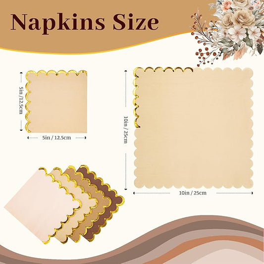 100 Pcs Brown Scalloped Napkins with Gold Foil Gradient Color Cocktail Napkin Folded 5 x 5 Beverage Napkins Disposable Paper Napkins for Birthday Party Supplies