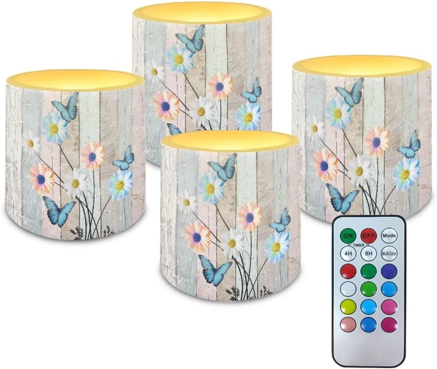Poceacles LED Flameless Candles Set of 4 Multi-Color Battery Operated Fake Flickering Candles with Remote and Timer, for Holiday Festival Wedding Decorations, Daisy Flower Butterfly Wood Grain