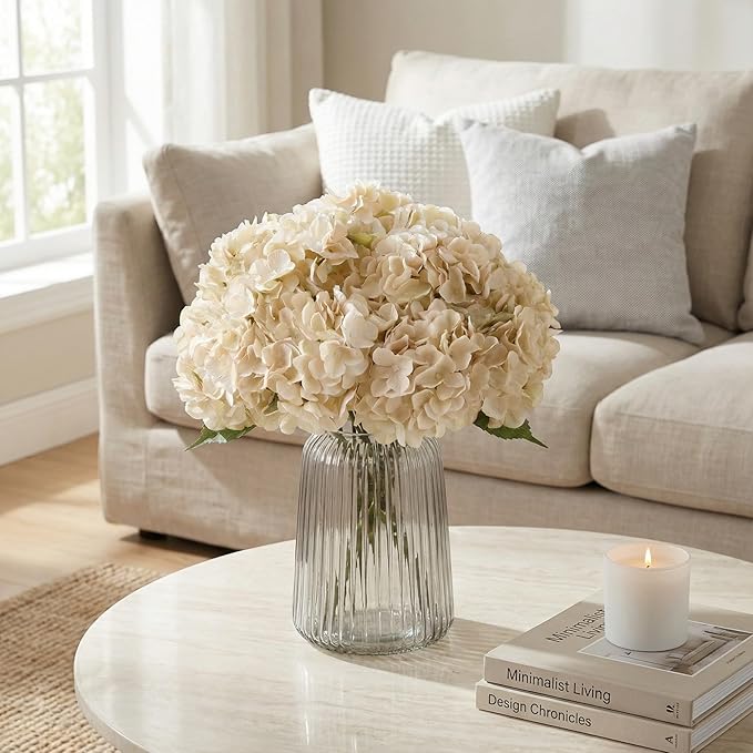 2Bouquets Artificial Fake Flowers Plants Silk Hydrangea Arrangements Wedding Bouquets Decorations Plastic Floral Home Kitchen Garden Party Festival Bar DIY (Ivory White, 5 Flower Heads)