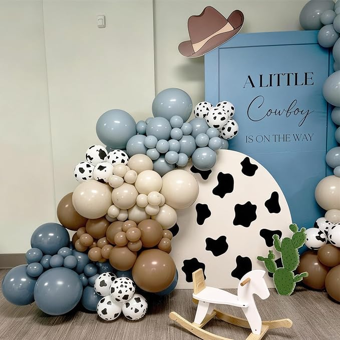 Cowboy Western Balloon Arch Kit, Dusty Blue Brown Double Stuffed Sand White Balloon Garland with Cow Print Balloons for Boys Western Cowboy Theme Birthday First Rodeo Baby Boy Shower Party Decorations