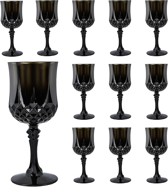 Plastic Wine Glasses, Plastic Goblets Vintage Style Cordial Unbreakable Drinking Glasses, Reusable Drinkware for Wedding Reception, Grand Event Party Supplies, Easter (12, Black)