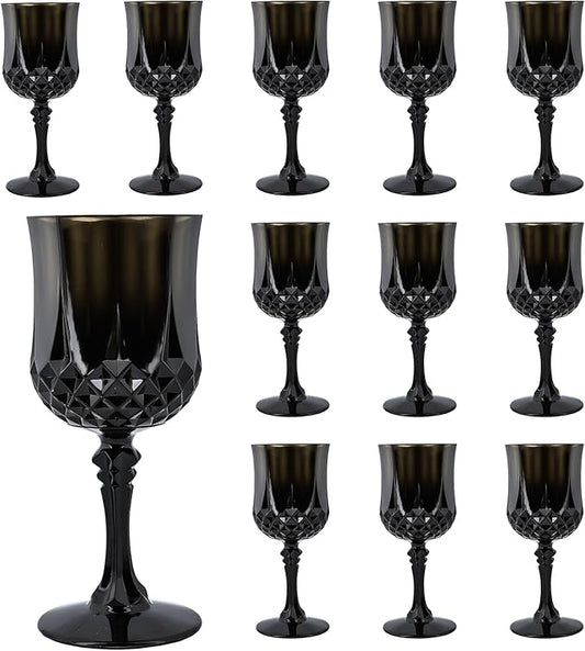 Plastic Wine Glasses, Plastic Goblets Vintage Style Cordial Unbreakable Drinking Glasses, Reusable Drinkware for Wedding Reception, Grand Event Party Supplies, Easter (12, Black)
