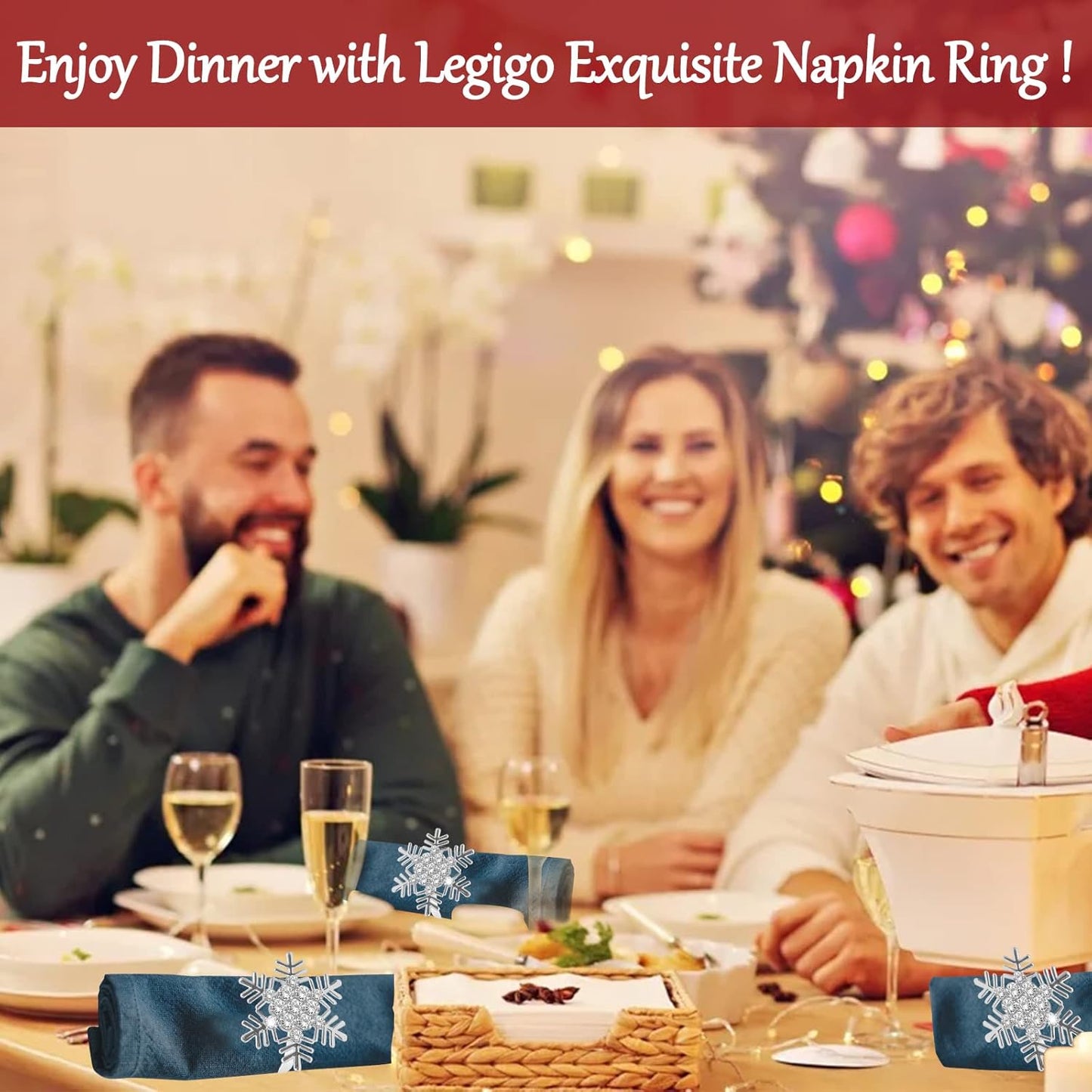 Legigo Set of 8 Christmas Xmas Snowflake Napkin Rings Set- Metal Diamond Snow Xmas Napkin Ring Holders for Cloth Napkins, Christmas Holiday Party Dinner Table Decoration