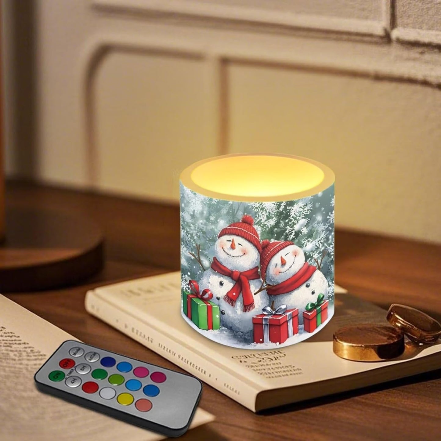 Poceacles Christmas Decor Flameless LED Candles 4 Pack with Remote Control, Battery-Powered, Flickering Effect, with 12 Color Changing, Holiday Party Decoration, Snowman Snowy Fir Tree Pattern