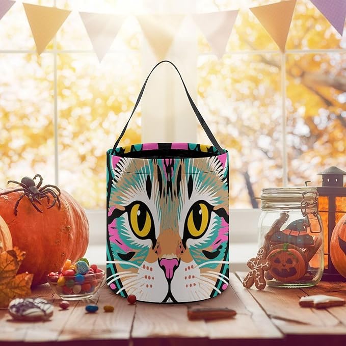Halloween Candy Bucket - Exotic Cat Pattern Trick Or Treat Candy Bag, Gift Bag for Party Favor Supplies