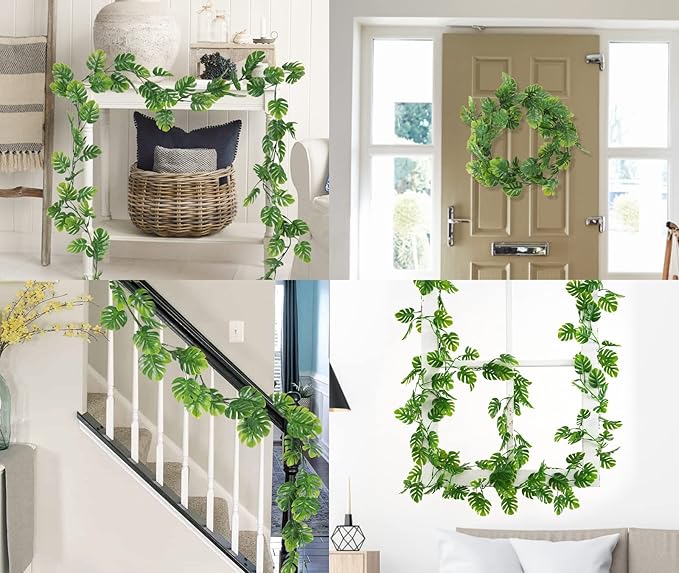 RECUTMS 2Pcs Artificial Monstera Leaf Vines 5.9FT Fake Hanging Plants Ivy Faux Tropical Palm Leaves Greenery Garland for Garden Porch Patio Jungle Luau Beach Birthday Party Indoor Outdoor Spring Décor