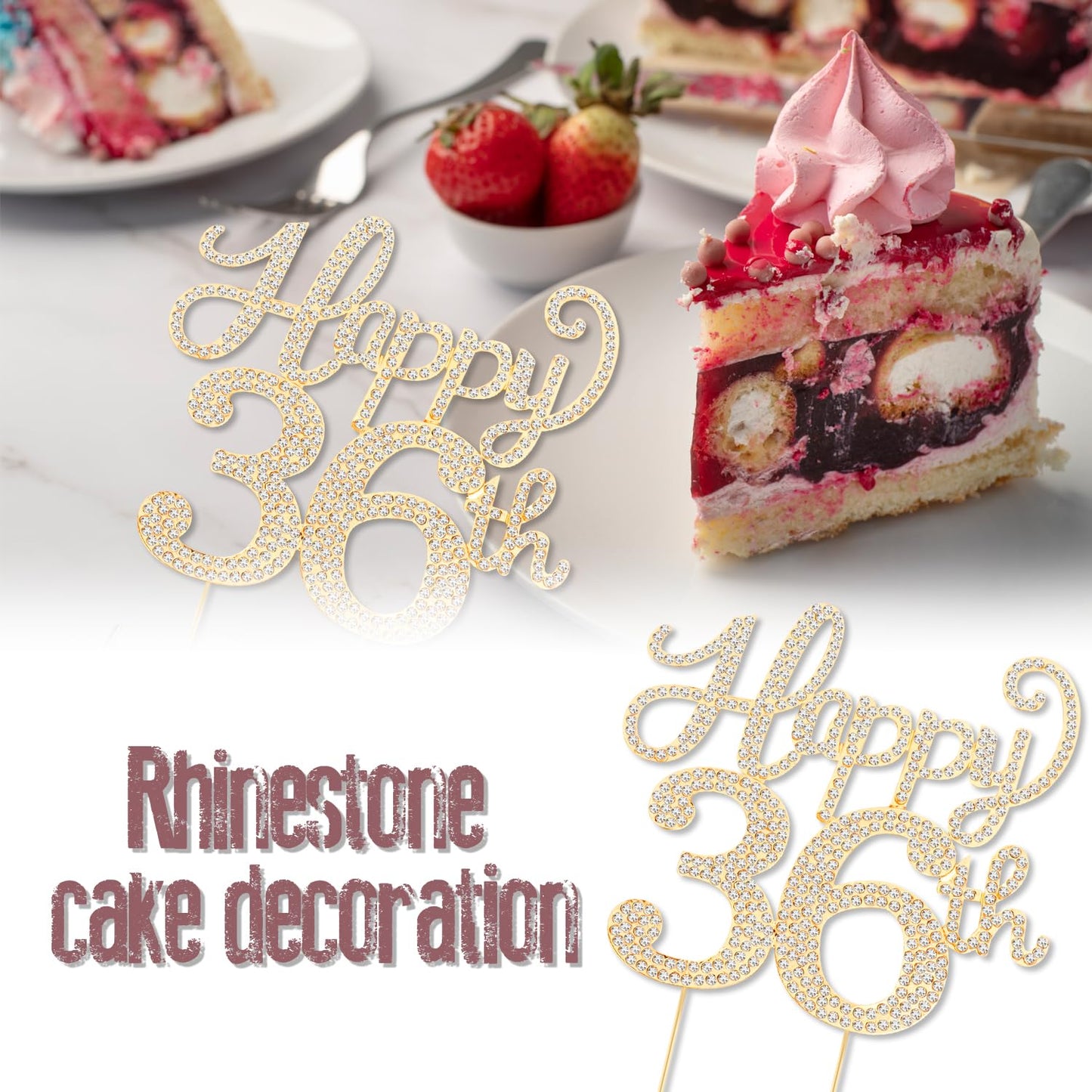 Happy 36th Birthday Decorations,36th Birthday Gold Rhinestone Cake Topper - Cheers to 36 Years Old Bday Party Metal Sparkly Cake Centerpieces Sign.