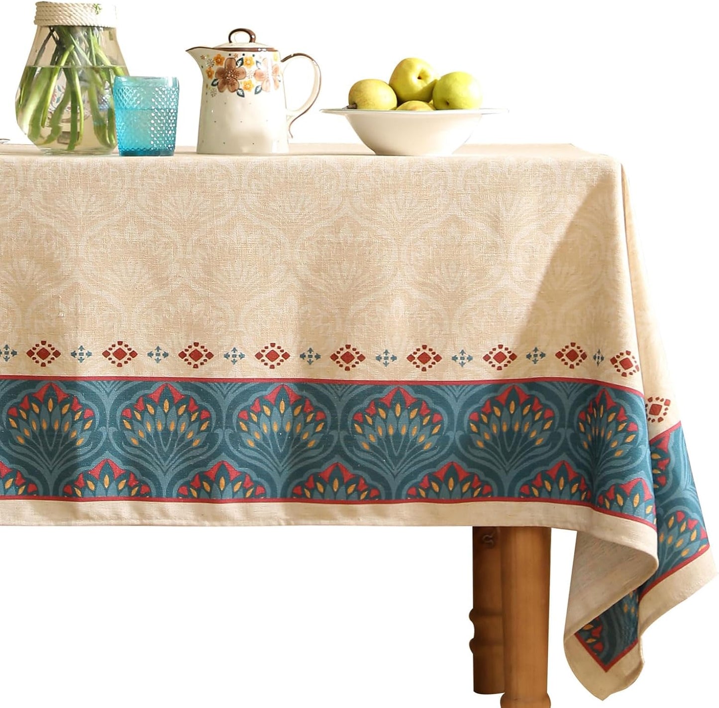 Vintage Beige Linen Long Rectangle Tablecloth,Paisley Farmhouse Feather Floral Pattern Table Cloth,Decor Table Cover for Kitchen,Dining,Thanksgiving,Christmas,63"*94"-Dorodango F