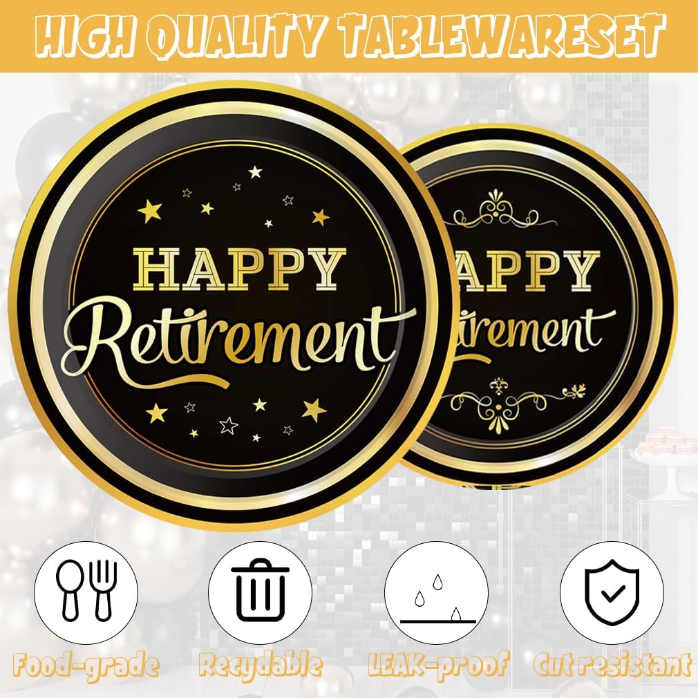 141pcs Retirement Party Decorations,Black Gold Party Disposable Tableware Includes Dinner Plate Dessert Plate Paper Napkin Cup Knife Fork Straws Tablecloth Black Gold Retirement Supplies set