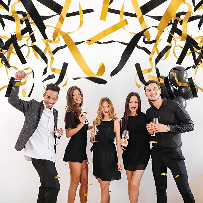 12" Black and Gold Streamers for Birthday Graduation Wedding New Year Celebrations - Easy to Use, Biodegradable Confetti - Pack of 4