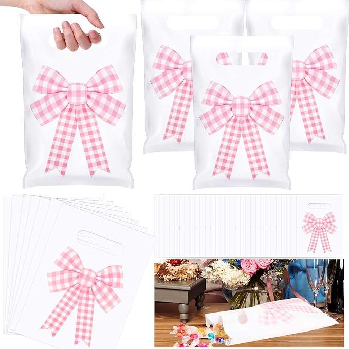 Supervitae 100 Pcs Pink Bow Gift Bags Coquette Plaid Bow Party Favor Plastic Bags Bulk with Handle for Birthday Wedding Bridal Shower Spring Easter Pastel Goodie Treat Bachelorette Party Supplies
