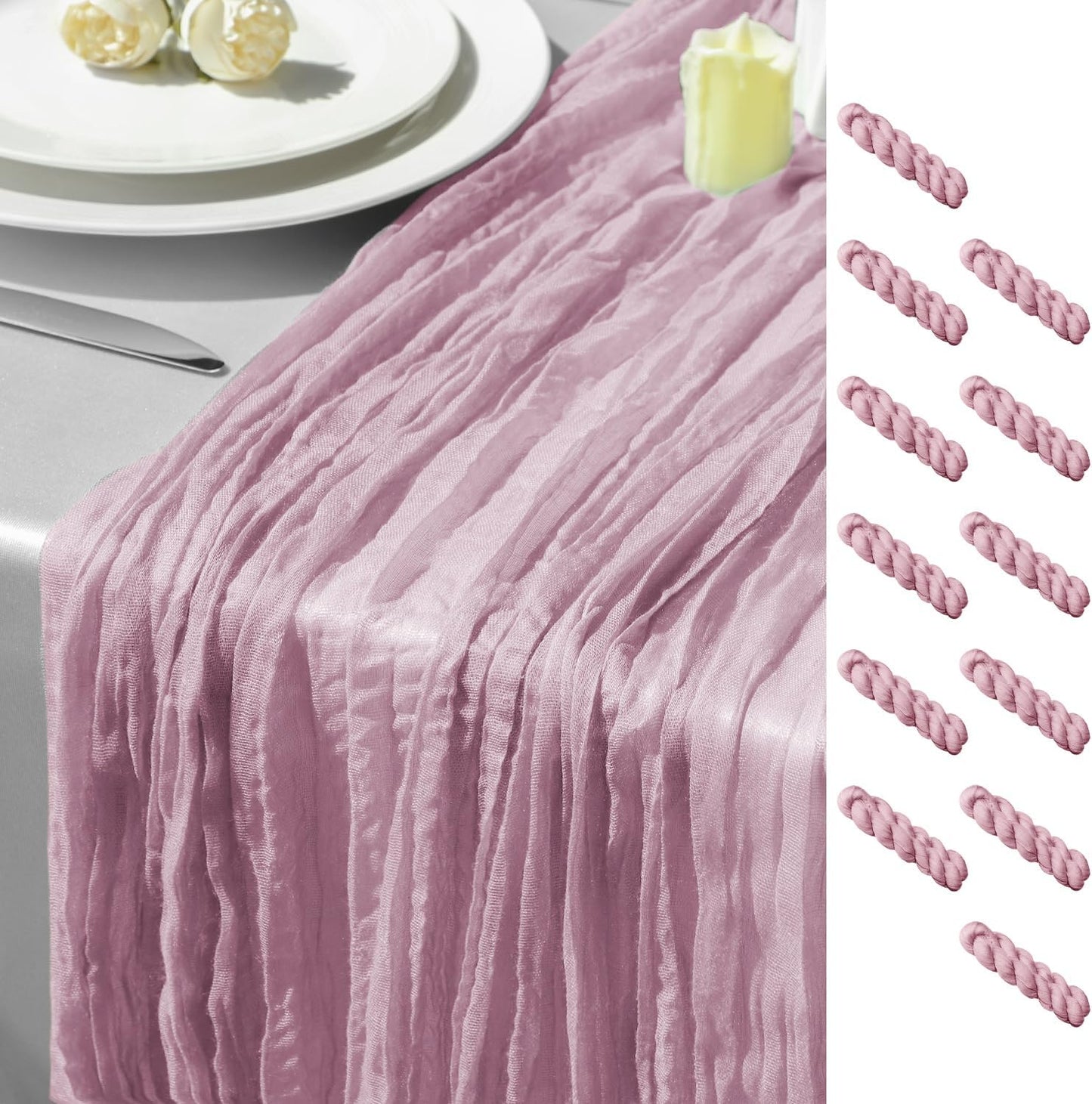 GARIG 12 Light Pink Table Runner for Summer, 10FT Boho Sheer Spring Gauze Cheesecloth Table Runner 35x120Inch for Mother's Day Wedding Party Baby Bridal Shower Birthday Home Decor