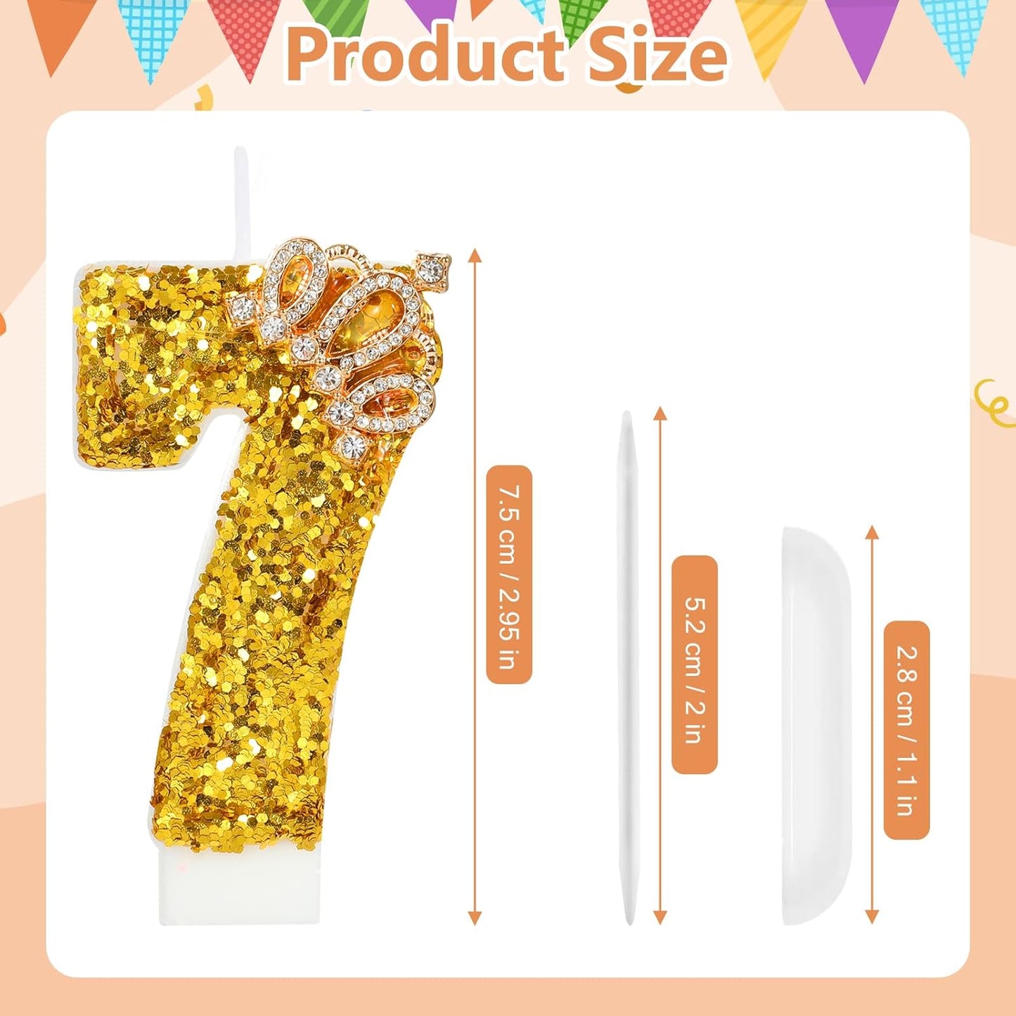 Gold Birthday Candle Crown Number 7 Candle with Sequins Cake Candles Cupcake Decorations Party Decor for Anniversary Celebrations Supplies