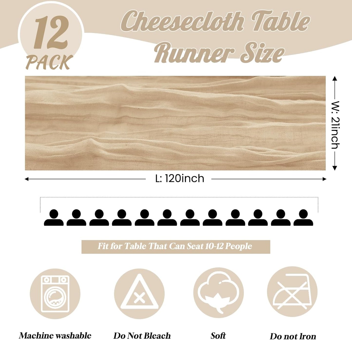 12 Pack Beige Table Runner 10FT Cheesecloth Table Runner 21 x 120 inch Boho Gauze Cheese Cloth Table Runner Rustic Sheer Table Runner for Party Wedding Bridal Baby Shower Birthday Table Decor
