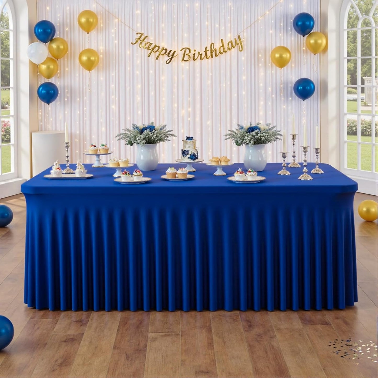 JCJ Table Skirt for Rectangle Tables Set of 2 Spandex Fitted Royal Blue Tablecloths for 6FT Tables, Wrinkle Resistant Ruffles Elastic Table Cover Skirts for Teacher Desk Weddings Banquets Parties