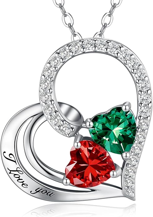 Double Birthstone Heart Necklace 0.8CT Dual-Gemstone S925 Sterling Silver Plated White Gold Engraved I Love You Perfect Anniversary/Valentine's Day Gift for Wife/Girlfriend/Mom/Daughter
