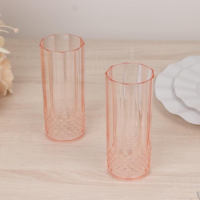 Efavormart 6-Pack Plastic Highball Glasses, 14oz Shatterproof Crystal Cut Drink Glasses for Kitchen Mojito Whiskey Cocktail, Transparent Blush