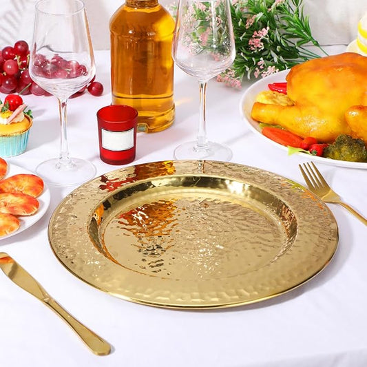 12 Packs Chargers Plates Bulk 13 Inch Stainless Steel Hammered Rim Round Elegant Dinner Plates Luxury Decorative Chargers for Wedding Party Catering Upscale Events (Gold)