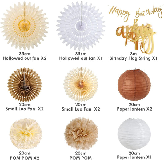 SUNBEAUTY Brown Birthday Party Decorations Rustic Paper Natural Birthday Decorations Hanging Lanterns Tissue Paper Pom Poms Boho Birthday Decorations For Women
