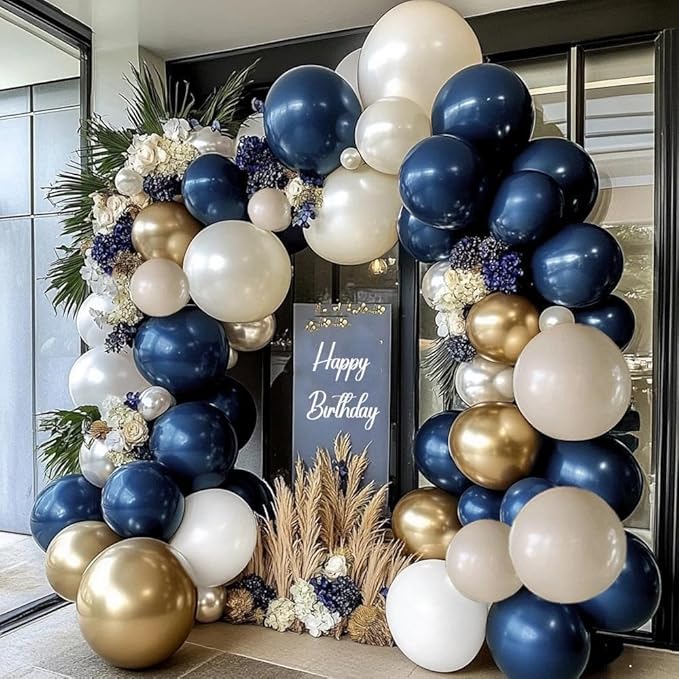Navy Blue White Balloons Double Stuffed Dark Royal Blue White Gold Balloons Pearl Sand Balloon Garland Arch Kit for Birthday Baby Shower Father's Day Wedding Graduation Party Decorations