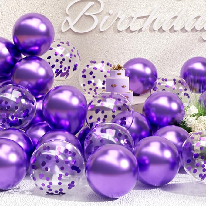 SUWEN Purple Metallic Balloons and Confetti Balloons Set 47PCS Latex Helium Chrome Dark Purple Balloon for Birthday Graduation Anniversary Party Decorations
