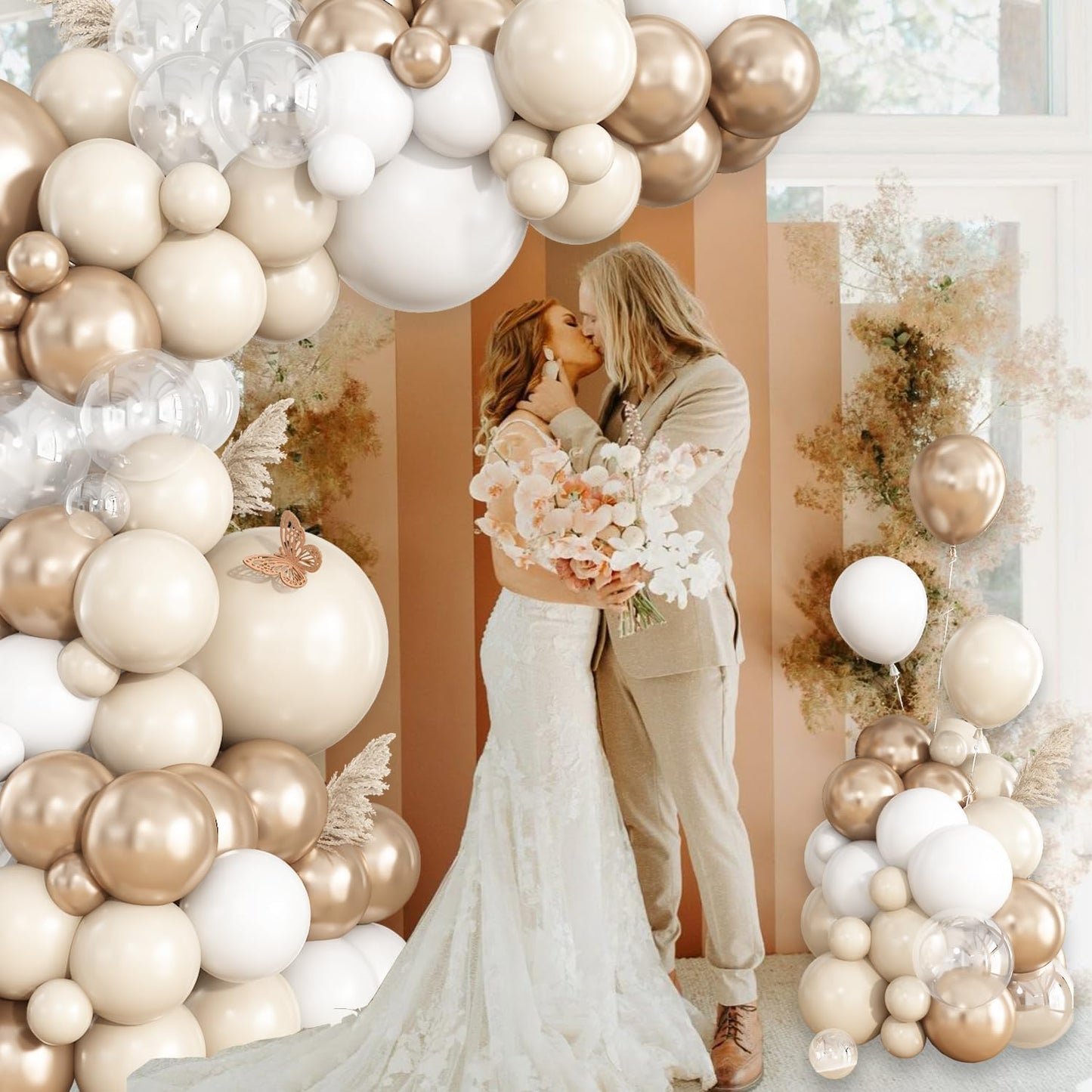 White Sand Champagne Gold Balloon Garland Arch Kit, 148Pcs Neutral Clear Balloons for Baby Shower Wedding Bridal Shower Anniversary Engagement Birthday Party Decorations