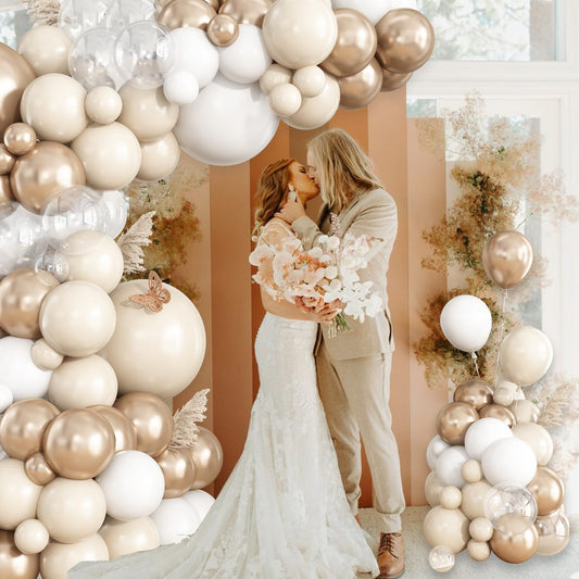 White Sand Champagne Gold Balloon Garland Arch Kit, 148Pcs Neutral Clear Balloons for Baby Shower Wedding Bridal Shower Anniversary Engagement Birthday Party Decorations