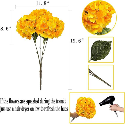 2Bouquets Artificial Fake Flowers Plants Silk Hydrangea Arrangements Wedding Bouquets Decorations Plastic Floral Home Kitchen Garden Party Festival Bar DIY(Yellow,5 Flower Heads)