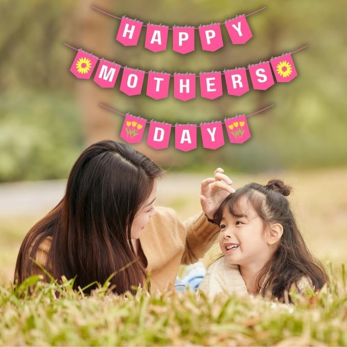 Happy Mother's Day Banner Set Decoration for Mother's Day Party Decorations Backdrop Garland for Mom Mother's Day Glitter Garland Photo Props (Pink Yellow Sunflower)