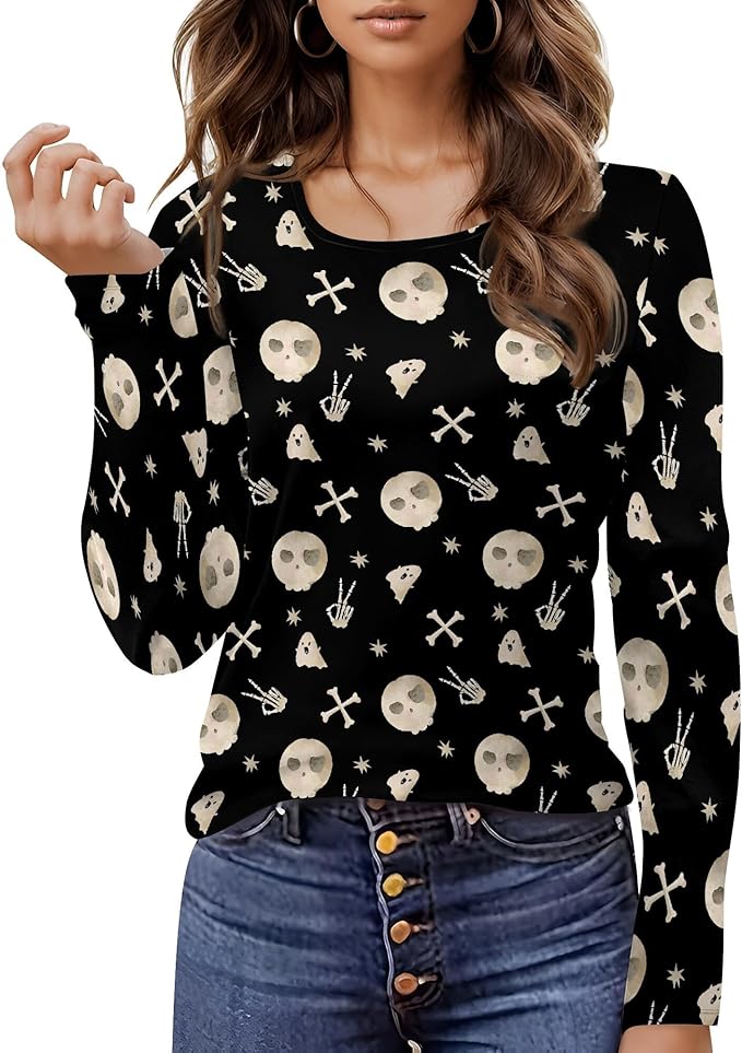 Halloween Sweatshirt Loose Fit U-Neck Spooky Graphic Sweatshirts Fall Halloween Costumes For Holiday Party 2025