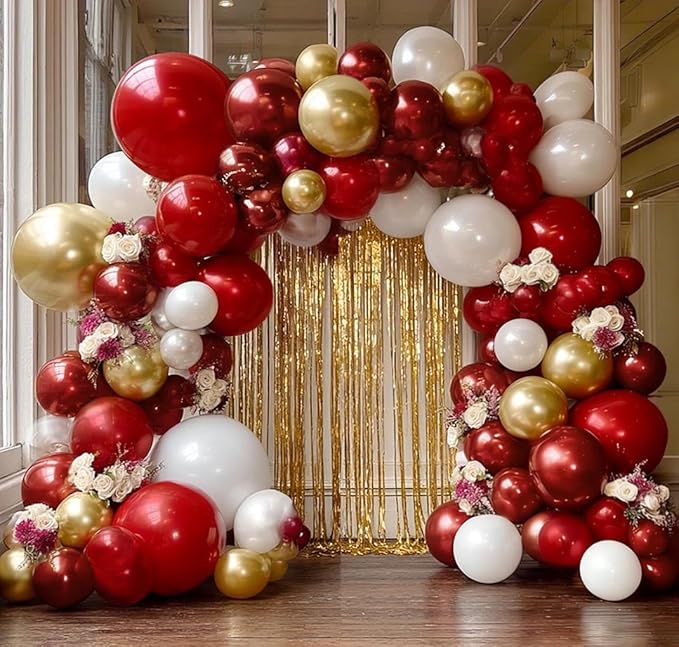 Red White Gold Balloon Arch Double Stuffed Burgundy Red Gold Pearl White Balloon Garland Kit Wine Latex Balloons for Moster's Day Birthday Wedding Engagement Graudation Party Decorations