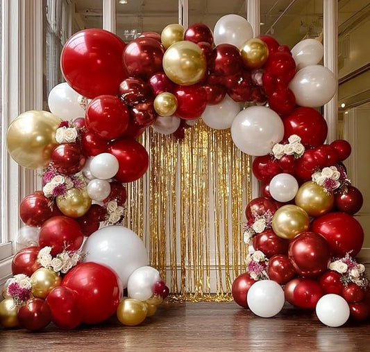 Red White Gold Balloon Arch Double Stuffed Burgundy Red Gold Pearl White Balloon Garland Kit Wine Latex Balloons for Moster's Day Birthday Wedding Engagement Graudation Party Decorations