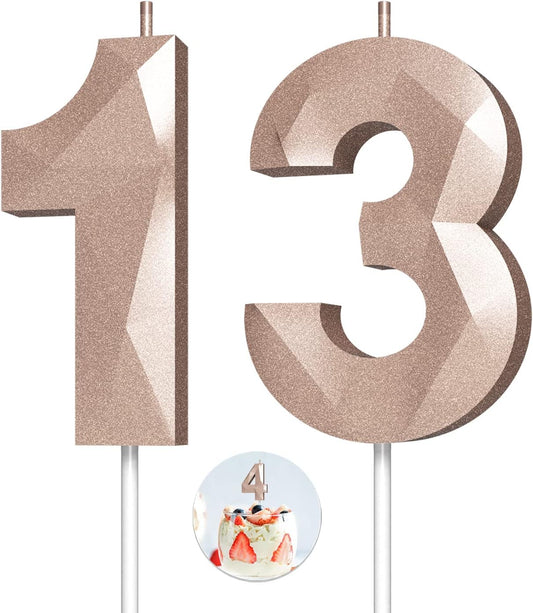 Number Birthday Candles(13 Candle Rose Gold) 3D Diamond Shape Number Happy Birthday Cake Candles for Birthday Party Wedding Decoration Reunions Theme Party