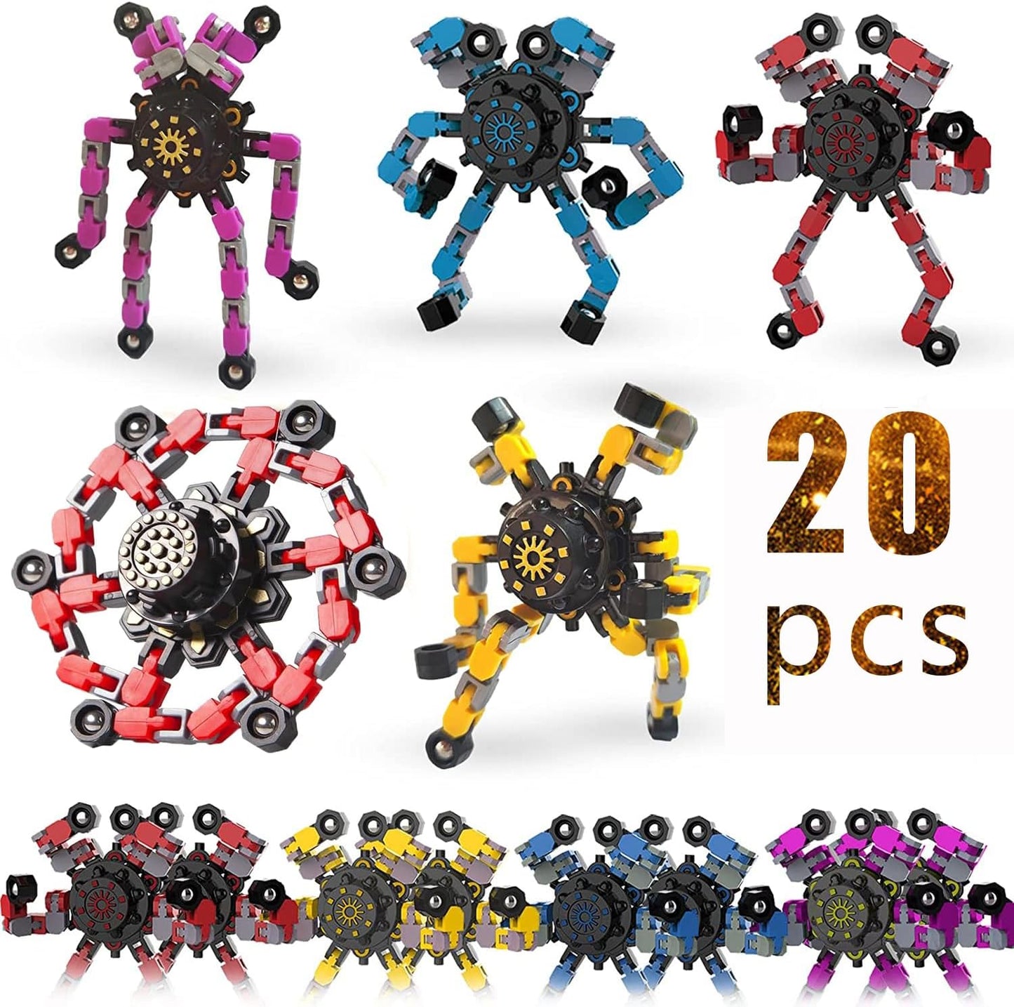 20pcs Random Fidget Spinners,DIY Deformable Robot Fingertip Toys,Decompression Spinner,Deformable Creative Mechanical Gyro Toys,Stress Relief Mechanical Chain Toy for Kids Adults，Party Supplies