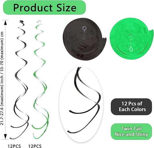 BEISHIDA Black Green Hanging Swirls Party Decorations Plastic Streamer for Dinosaur Theme Birthday Graduation Jungle Party Decorations, Pack of 24