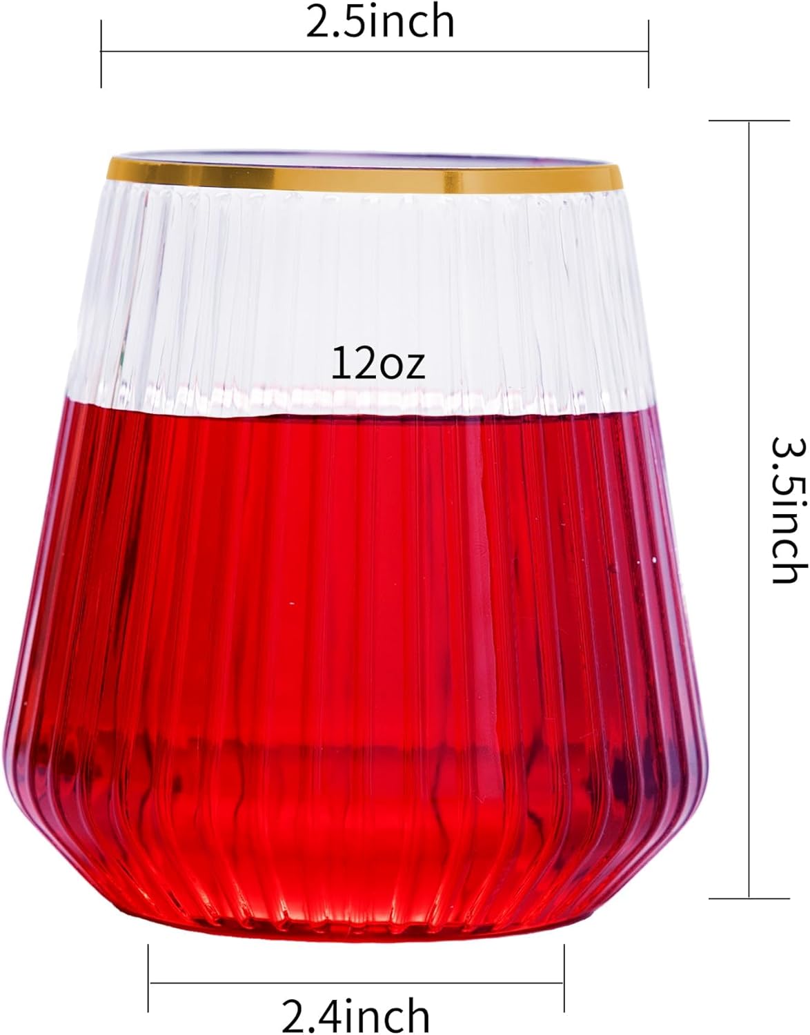 N9R 24 Count 12oz Clear Plastic Wine Cups with Gold Rim - Elegant Origami Ripple Design, Shatterproof & Disposable for Whiskey, Cocktail, Champagne, Parties, Weddings, Events