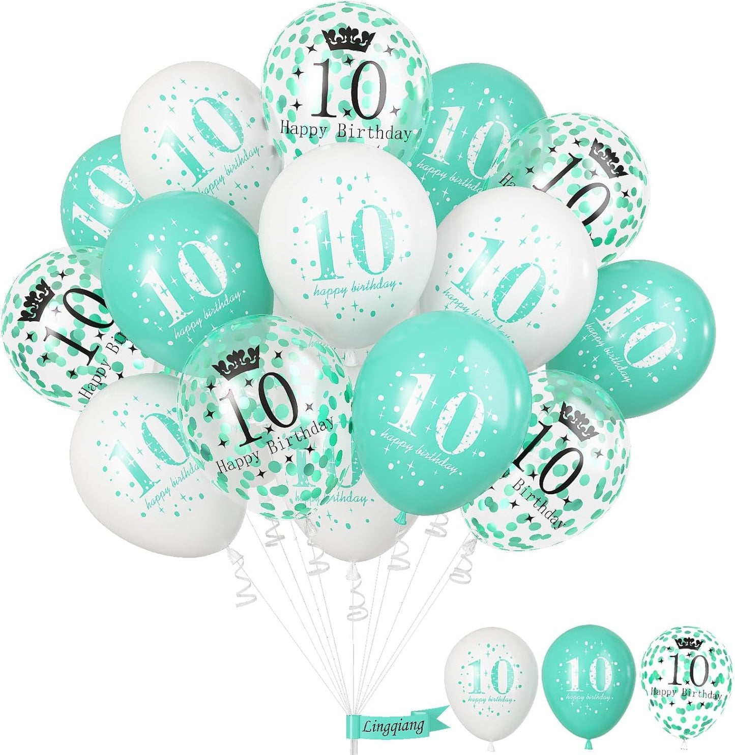 10th Birthday Decorations Girl, Teal White Happy 10th Birthday Latex Print Balloons for Boys, Turquoise White Confetti 10th Bday Party Decorations for Kids Age 10 Years Old Birthday Party Supplies